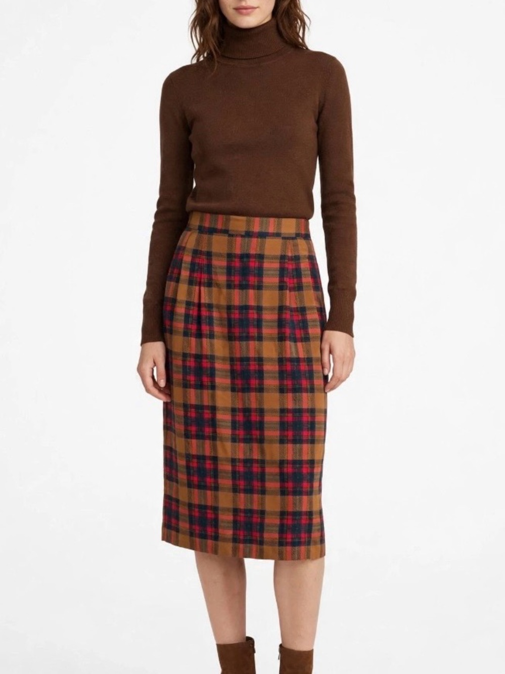 Talbots 100% Silk Plaid Midi Pencil Skirt in Camel and Red Size 12